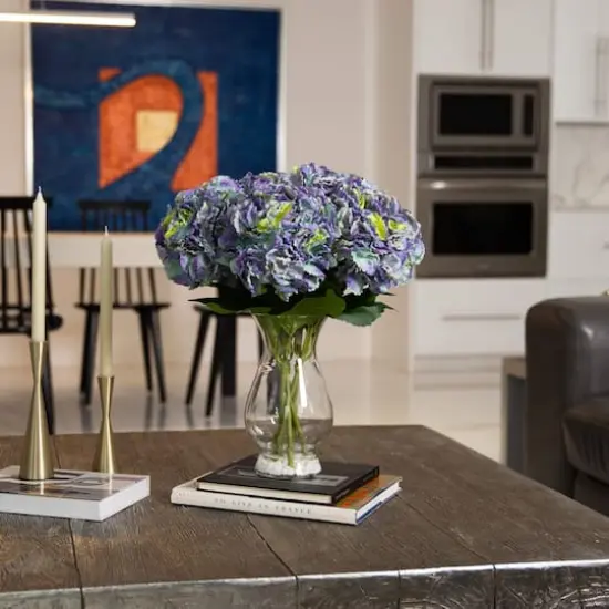 20" Blue Artificial Hydrangea Arrangement in Glass Vase {3}