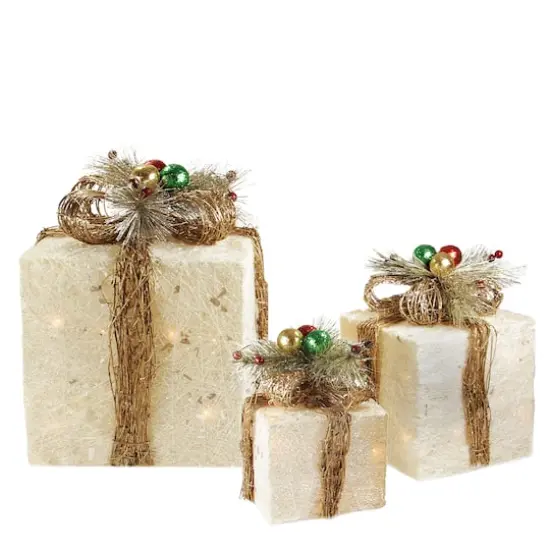 Cream Lighted Gift Boxes with Twine Bows Outdoor Christmas D&eacute;cor Set {1}