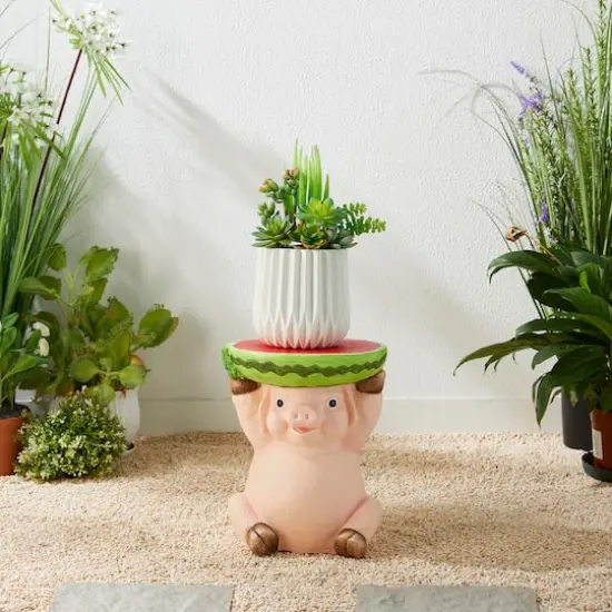 Glitzhome&reg; 12.5" Pig Holding a Watermelon Decorative Garden Stool {3}