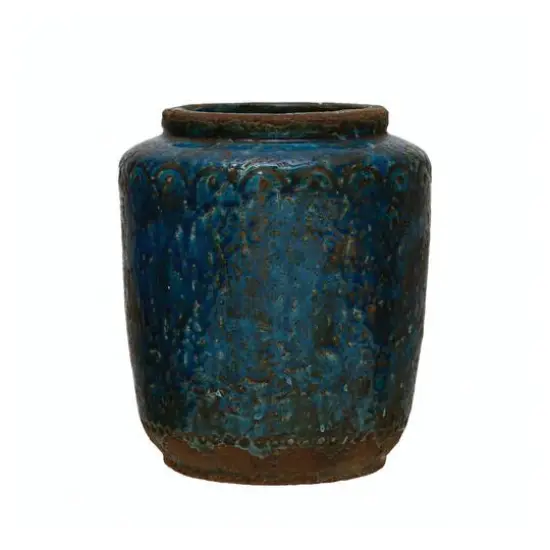 Hello Honey&reg; 9" Distressed Blue Debossed Terracotta Vase {1}