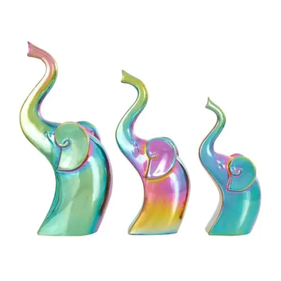 Multicolor Ceramic Elephant Sculpture Set with Rainbow Shimmer Finish {6}