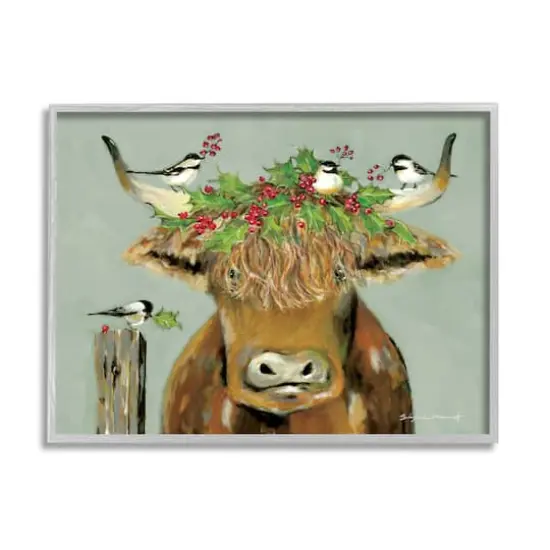Stupell Industries Cattle & Birds Holiday Holly Framed Giclee Art Gray {1}