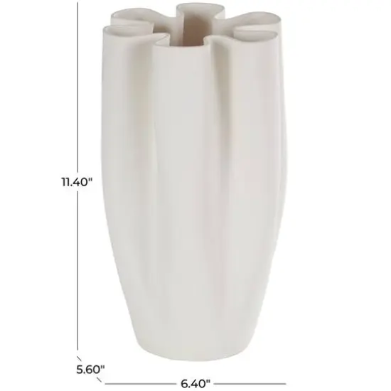 White Ceramic Abstract Ribbed Dimensional Folded Vase with Floral Shaped Rim {8}