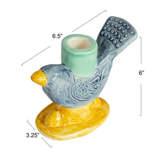 Hello Honey&reg; 6" Yellow & Blue Chirpy Elegance Stoneware Taper Candle Holder {12}