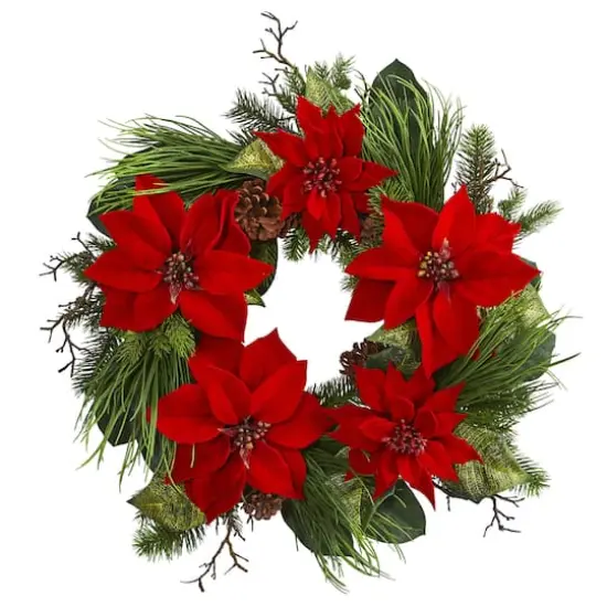 28" Poinsettia & Pine Wreath {1}