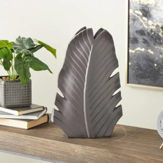 17" Black Ceramic Palm Leaf Decorative Vase {3}