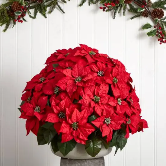 24" Large Poinsettia Artificial Plant in Stone Planter {4}