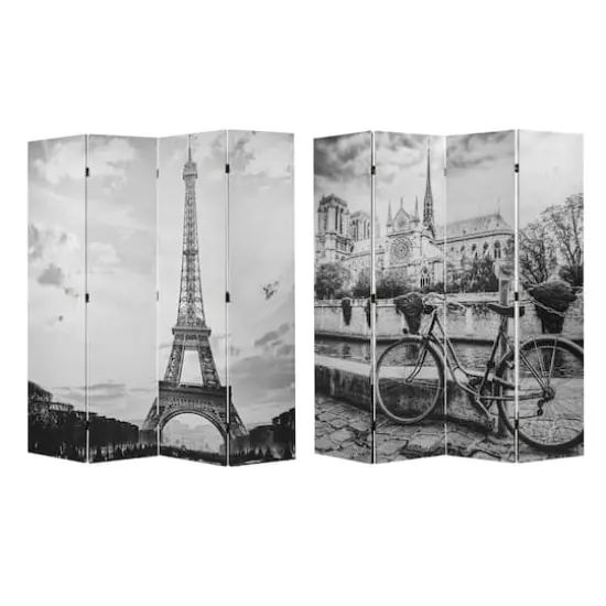 American Art Decor&trade; 6ft. Double-Sided 4-Panel Black and White Eiffel Tower & Notre Dame Bike Canvas Room Divider {1}