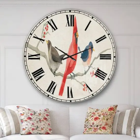 Designart 'Red Farmhouse Bird On Branch Painting Farmhouse Wall Clock {3}