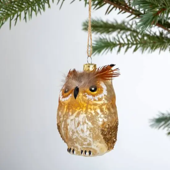 Hello Honey&reg; 4" Brown Owl Glass Ornament with Feathers {4}