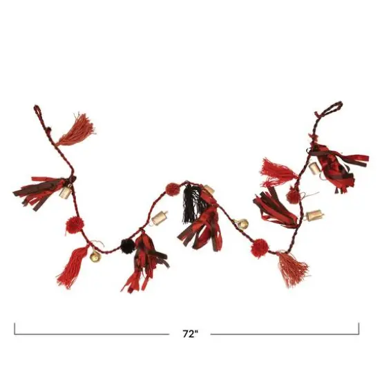 Hello Honey&reg; 6ft. Metal Bells with Pom Poms, Tassels & Fabric Remnants Garland Red/Brown/Pink {4}