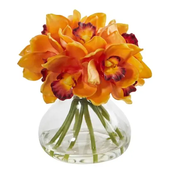 8" Orange Cymbidium Orchid Arrangement in Glass Vase {1}