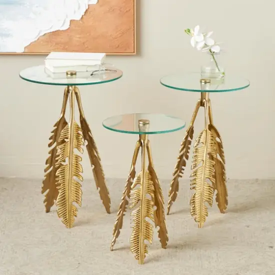 Gold Aluminum Metal Leaf Accent Table Set {3}