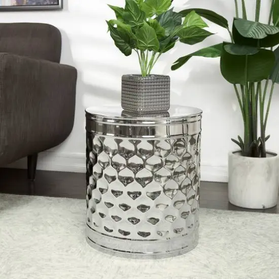 18" Silver Stainless Steel Drum Geometric Accent Table {7}