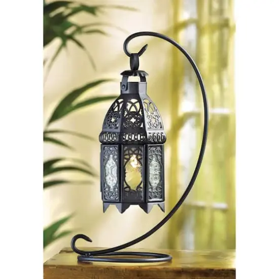 13" Curled Metal Stand with Black Moroccan Candle Lantern {6}
