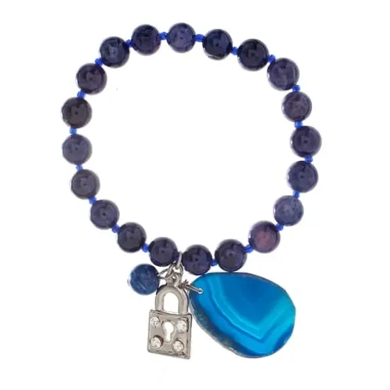 John Bead Sodalite Blue Natural Stone Bracelet with Agate & Lock Charm {5}