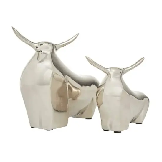 Silver Aluminum Contemporary Bulls Sculpture, Set of 2" 11", 8" {1}