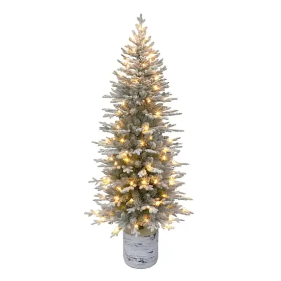 6ft. Pre-Lit Flocked Slim Arctic Fir Artificial Christmas Tree in Stump Planter, Color Select LED Lights {1}
