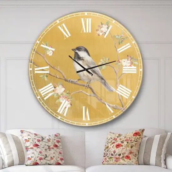Designart 'Gold Bird On Blossoms Iv Farmhouse Wall Clock {3}