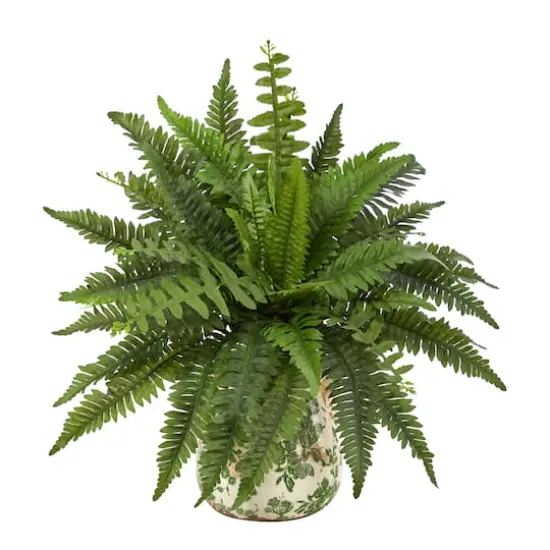 15" Boston Fern Artificial Plant with Tuscan Ceramic Green Scroll Planter {1}