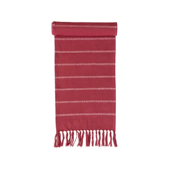 Hello Honey® 72" Red & White Brushed Cotton Flannel Table Runner with Stripes & Fringe {4}