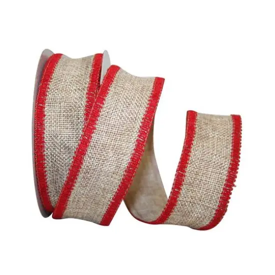 JAM Paper 1.5" x 10yd. Natural Burlap with Red Wired Edge Ribbon {1}