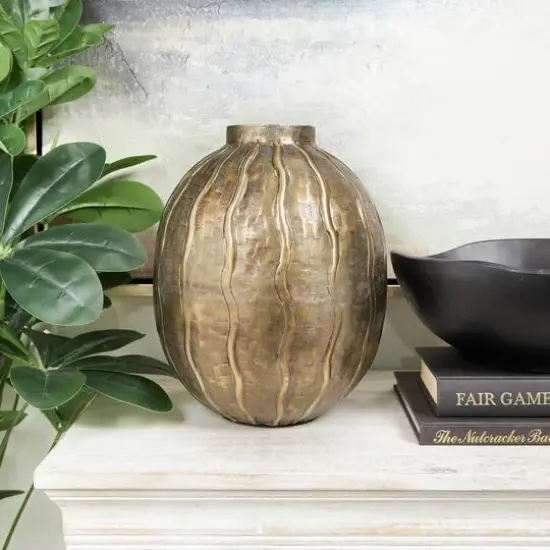 12" Brass Metal Snakeskin Inspired Vase with Dimensional Wavy Accents {10}
