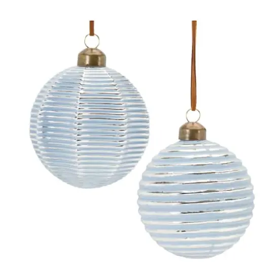 3" Ribbed Blue & White Glass Ball Ornament Set {3}