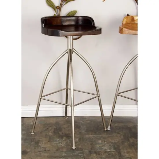 Brown Iron and Wood Contemporary Bar Stool, 33" x 16" x 12" {9}