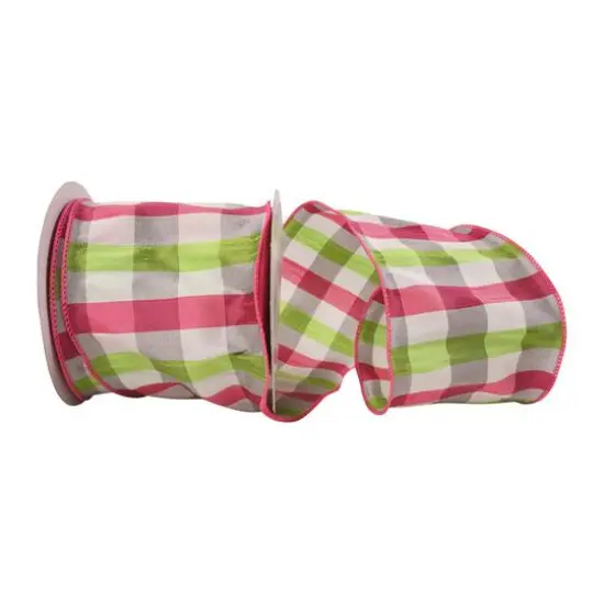 JAM Paper 4" x 10yd. Fuchsia & Lime Check Wired Dupioni Ribbon {1}
