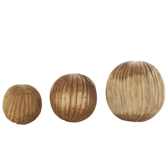 Brown Teak Wood Carved Textured Orbs Set {1}