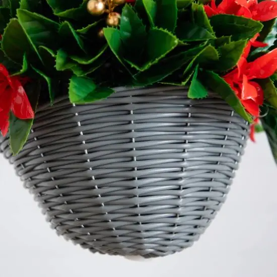 24in. Pre-Lit UV Resistant Artificial Red Tip Photinia & Gold Berries Christmas Hanging Basket with 34 Warm White LED Lights (Indoor/Outdoor) {7}