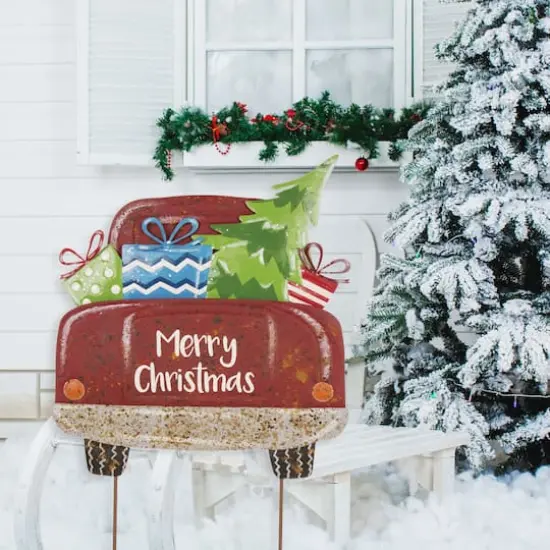 Glitzhome&reg; 32" Christmas Rusty Metal Truck Yard Stake {4}