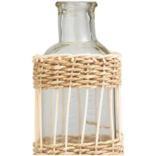 15" Clear Glass Handmade Vase with Light Brown Rattan Woven Body {4}