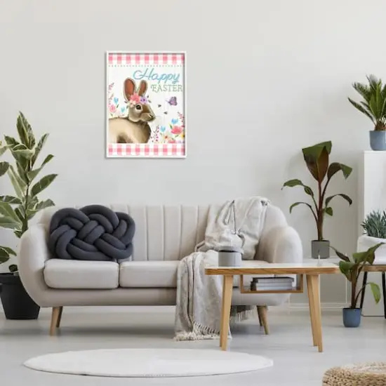 Stupell Industries Happy Easter Floral Gingham Rabbit Framed Giclee Art White {3}