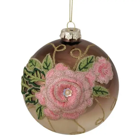 5" 2-Finish Brown & Pink Floral Applique Glass Ball Ornament {4}