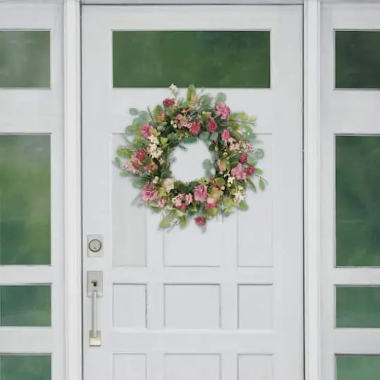 24" Pink Mum & Hydrangea Floral Spring Wreath {4}