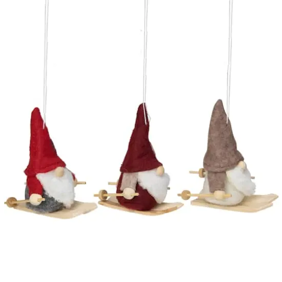 4" Red & Gray Skiing Gnome Christmas Ornament Set {3}