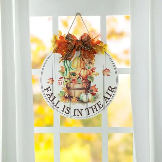 Glitzhome&reg; 15" Fall Wood Round Word Sign Door Hanger {4}