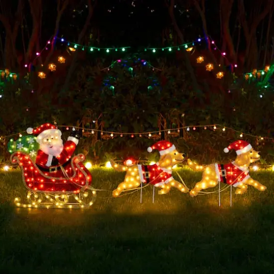 Glitzhome&reg; 90.5"L Lighted Christmas 2D Fabric Dog with Santa Sleigh Outdoor Decor {5}