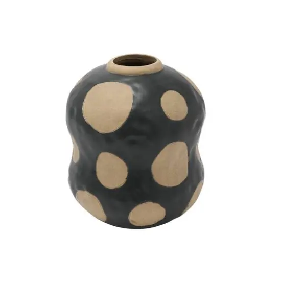 Hello Honey&reg; 8" Black & Cream Stoneware Vase with Wax Relief Dots {1}