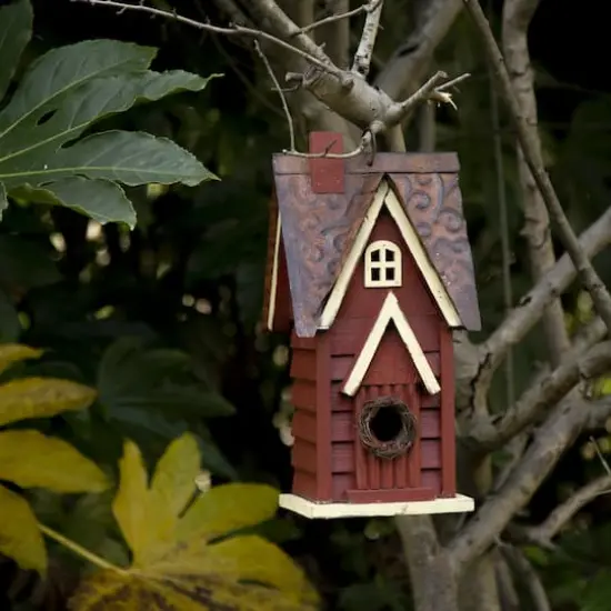 Glitzhome&reg; 12" Hanging Distressed Red Cottage Solid Wood Birdhouse {4}