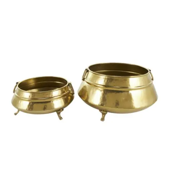 Gold Metal Scroll Foot Hammered Pot Planter Set {3}