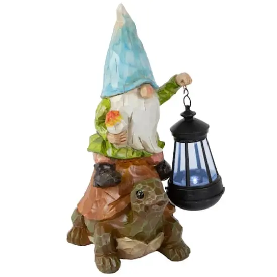12.5" Solar LED-Lit Gnome & Turtle Outdoor Garden Statue {4}