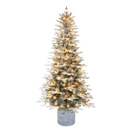 7.5ft. Pre-Lit Flocked Arctic Fir Potted Artificial Christmas Tree, White LED Lights {1}