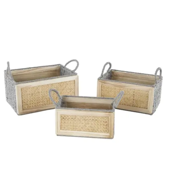 Light Brown Rattan Woven Basket with Gray Rope Handles, 3ct. {4}