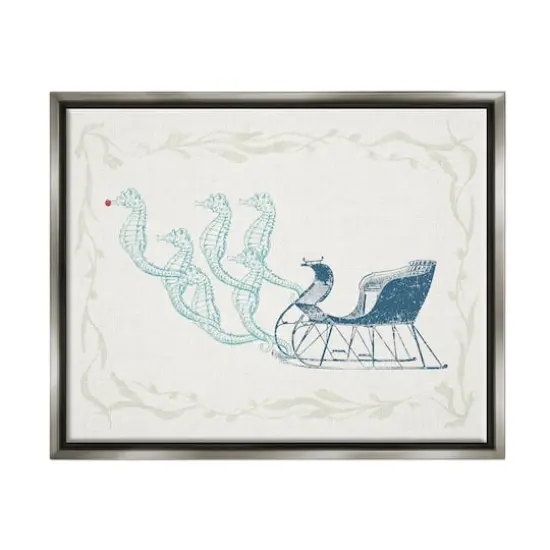 Stupell Industries Seahorse Santa Sled Nautical Christmas Framed Floater Canvas Wall Art Gray {1}