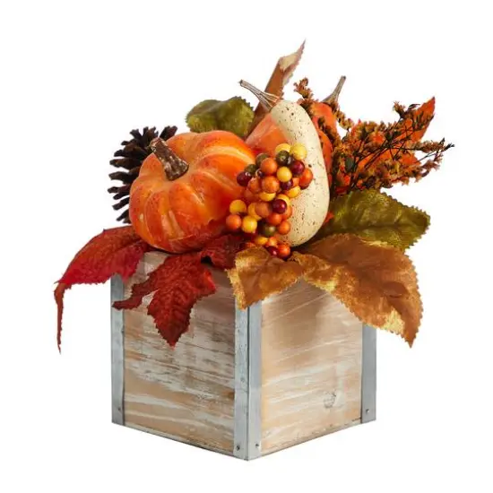 8" Pumpkin, Gourd, Berries & Pinecones Autumn Arrangement In Natural Washed Vase {5}