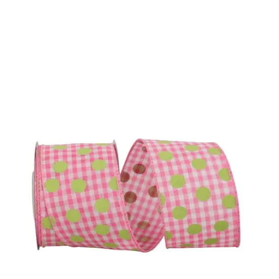 JAM Paper 2.5" x 10yd. Pink Dots & Lime Gingham Check Wired Ribbon {1}