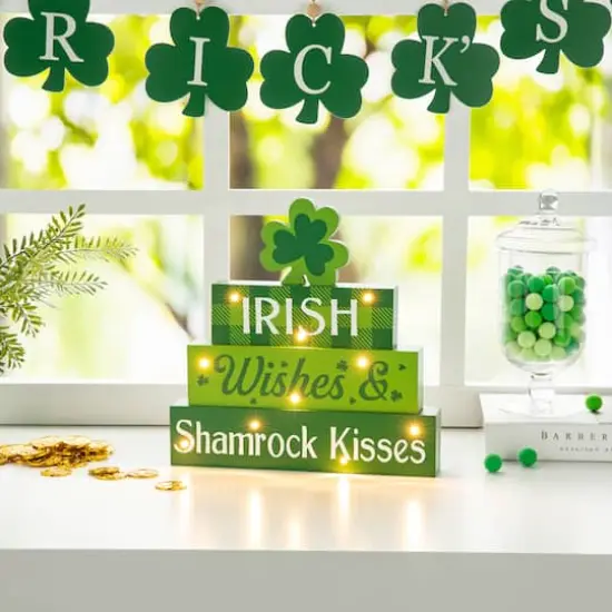 Glitzhome&reg; 11.5'' Lighted St. Patrick's Wooden Block Table Sign {4}